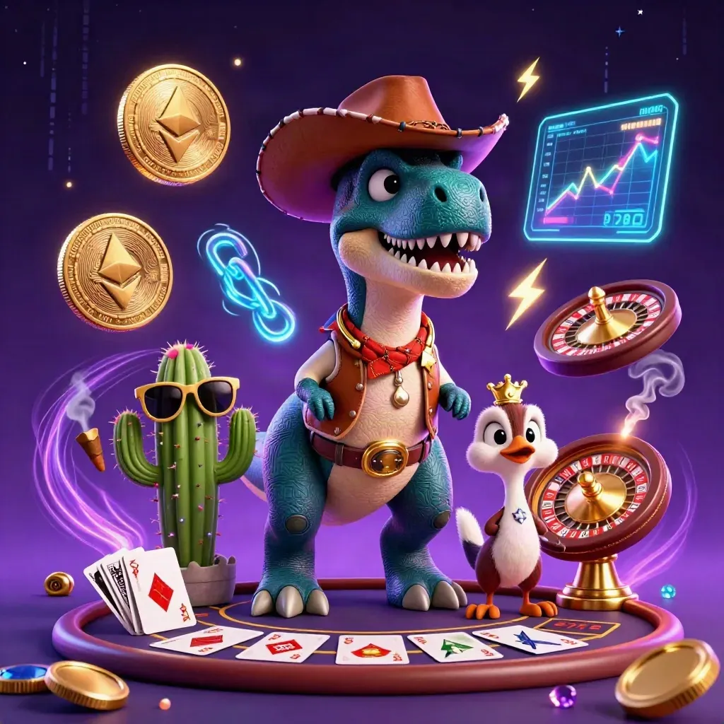 Cowboy T-Rex trio amid neon casino magic, gold felt, brass, and floating crypto energy.