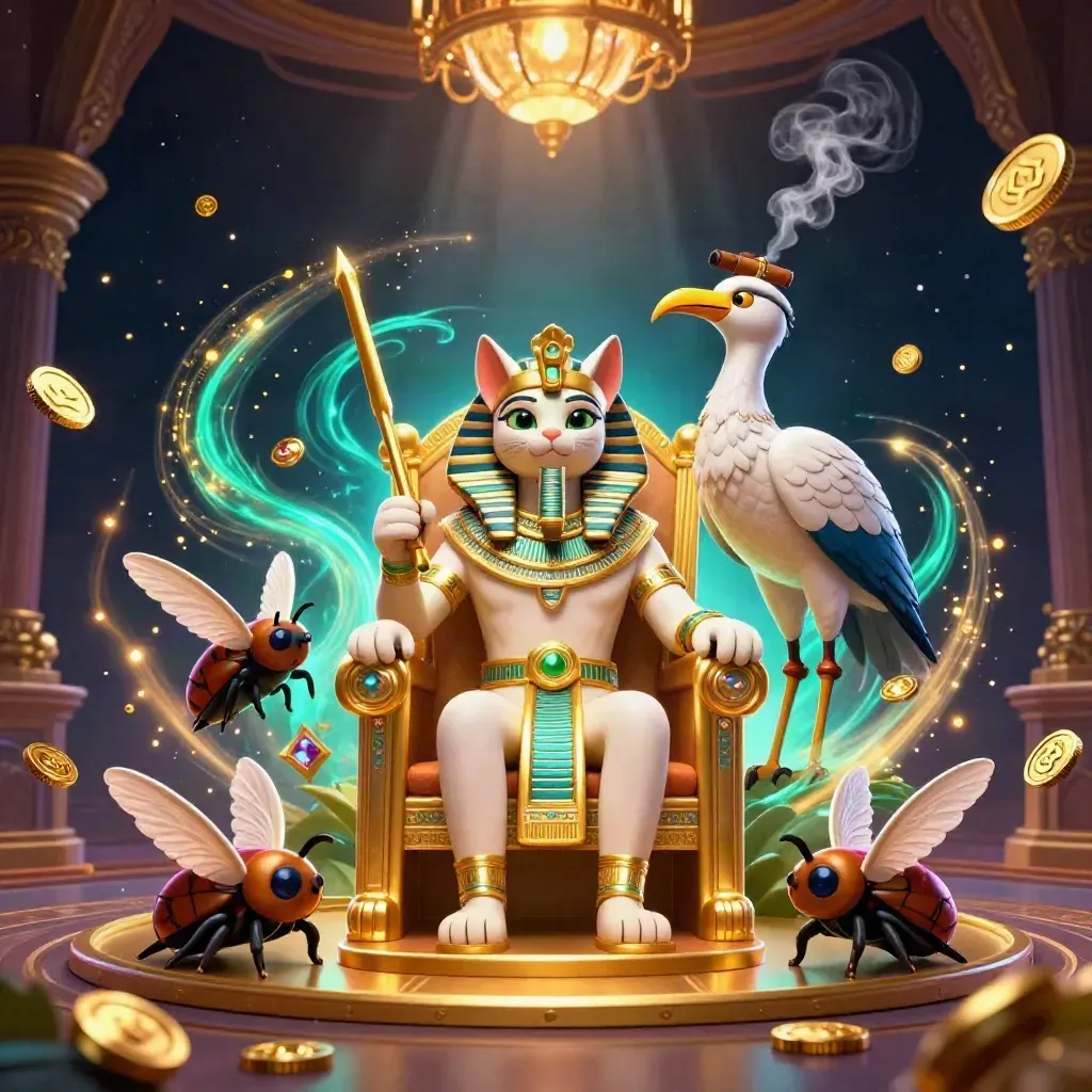 Pharaoh cat on golden throne with ibis scribe, scarabs, coins and gems in a luxe casino glow.