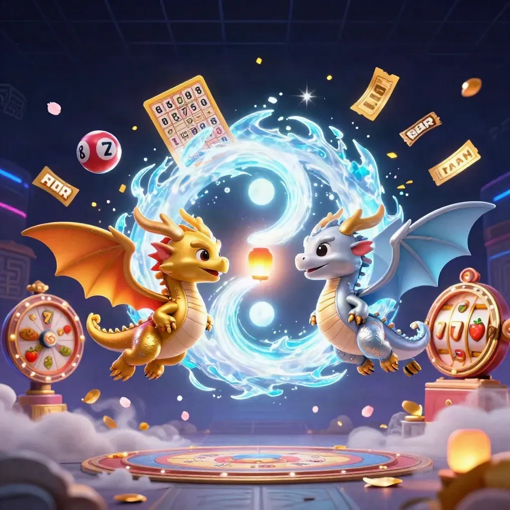 Gold and silver dragons spiral with casino items, teal glow, dark neon backdrop