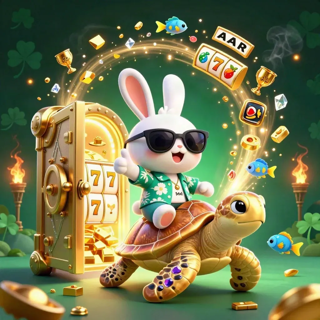 Lucky rabbit rides a golden turtle as treasure bursts from an open vault.