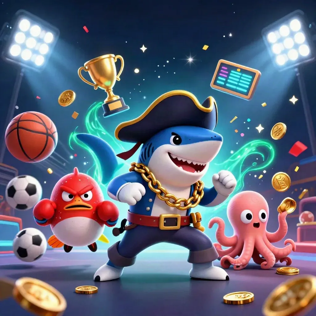 Shark pirate, boxing pufferfish, and juggling octopus amid coins, balls, trophy, and teal energy
