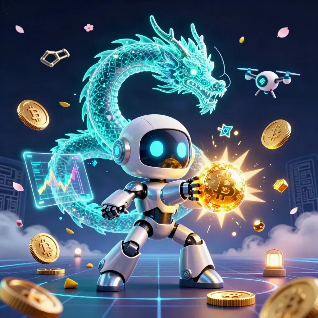 Cyberpunk robot, AI dragon and coin drone amid glowing crypto coins in a dark teal casino scene.