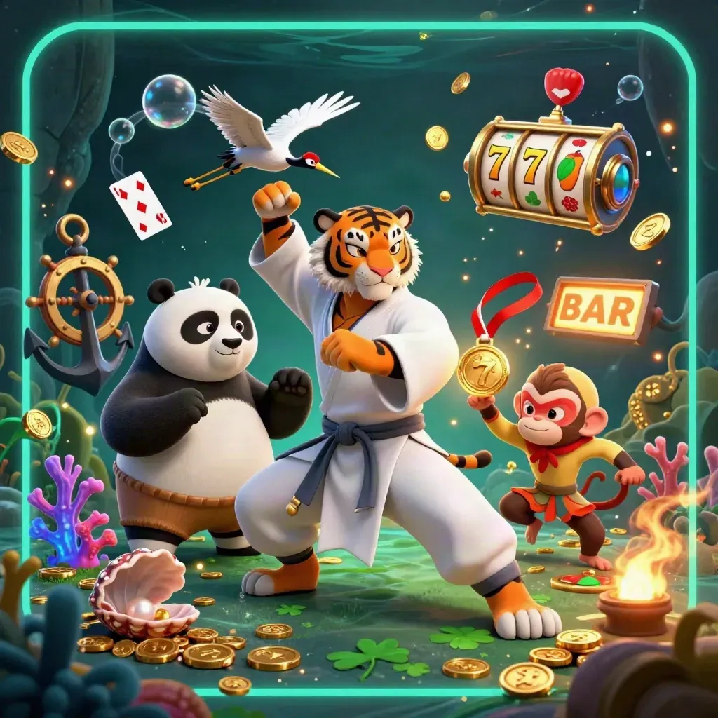 Tiger, panda, and monkey in a treasure cove, with coins, coral, cards, and teal casino glow.