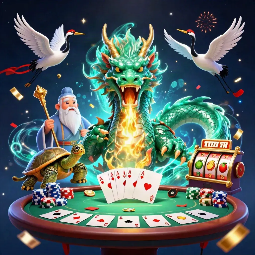 Jade dragon, turtle sage, and cranes amid casino chips, cards, fire, and teal magic.