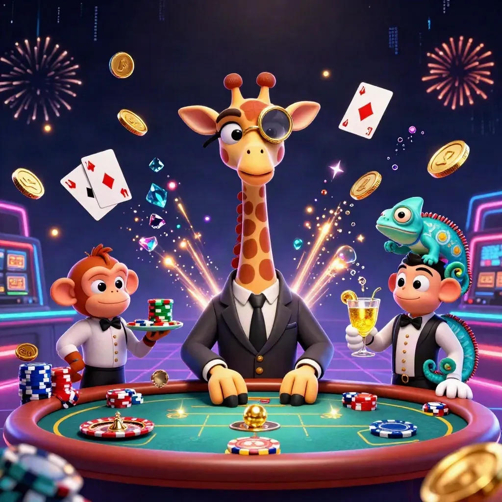 Giraffe, monkey valet, and chameleon bartender amid flying coins, chips, cards, and fireworks.