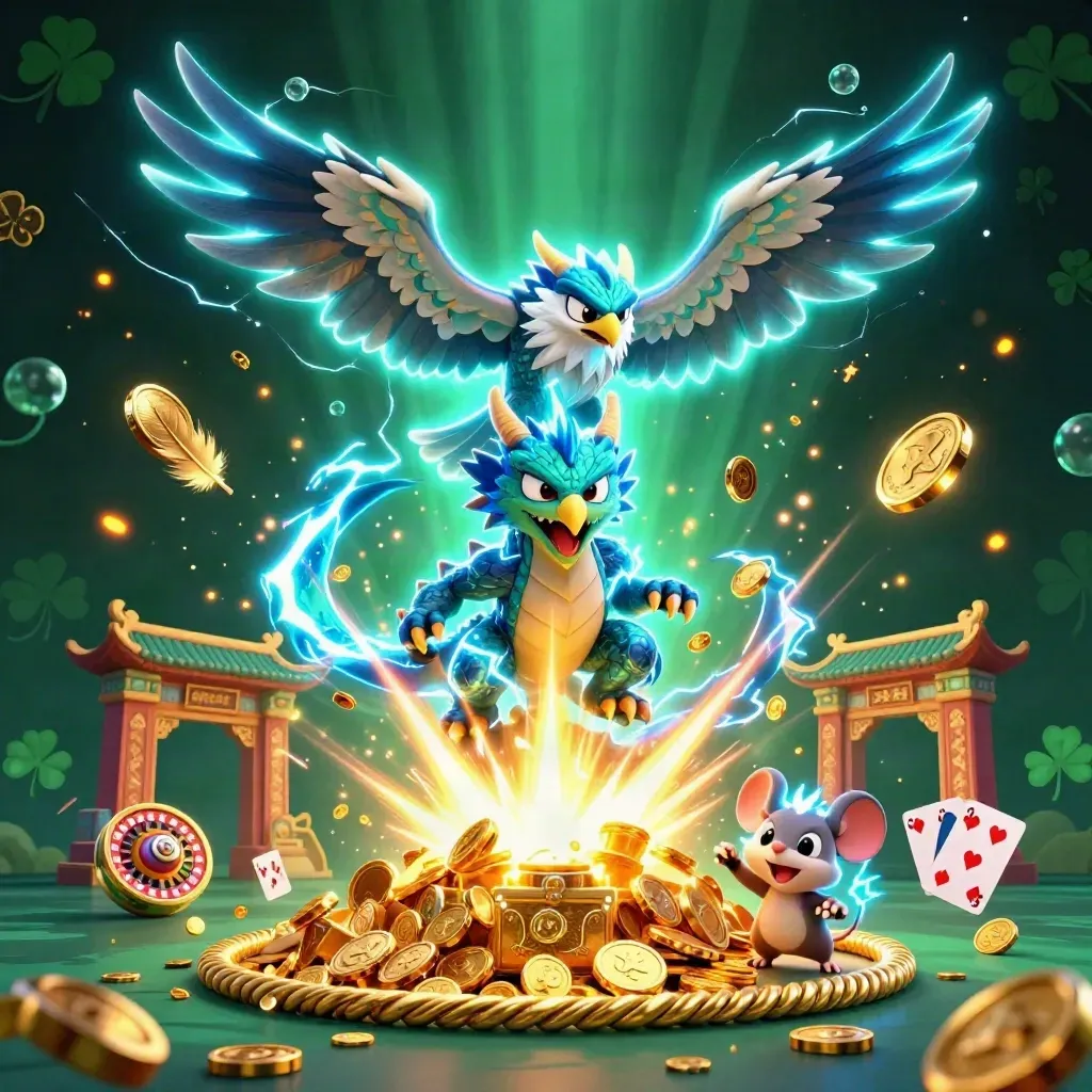 Thunder dragon, hawk, and mouse amid gold coins, fireworks, and casino treasure.
