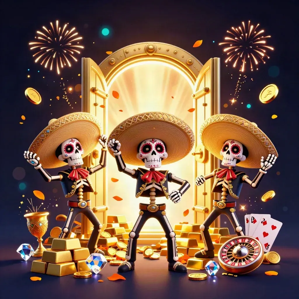 Three skeleton mariachi performers burst from a golden vault amid coins, gems, fireworks, and dark navy glow.