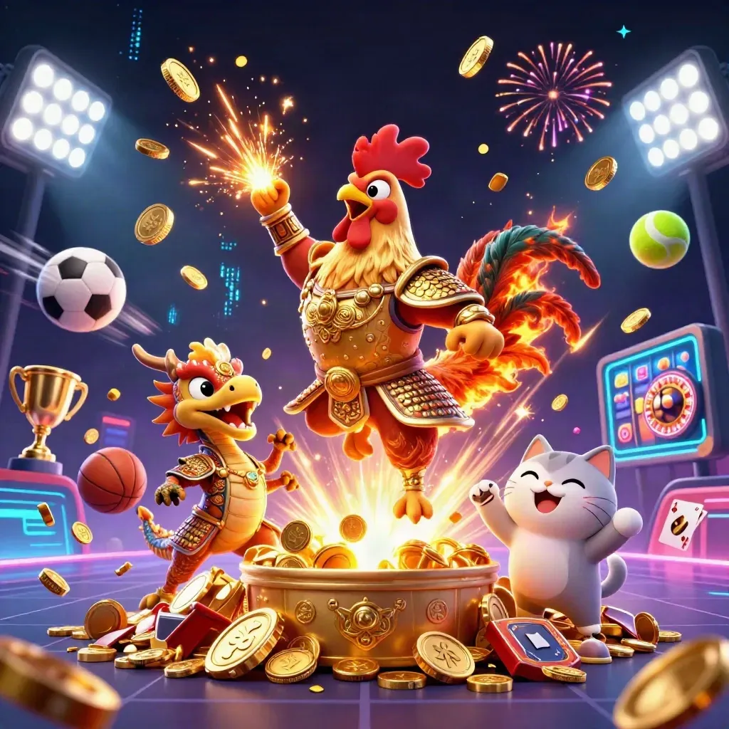 Rooster warrior, dragon hatchling, and fortune-cat amid treasure, coins, fireworks, and casino symbols.