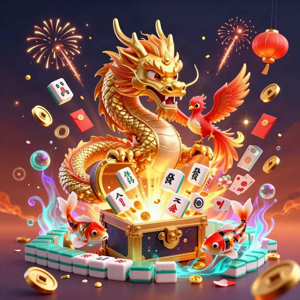 Dragon, phoenix, koi, coins, lanterns and fireworks exploding in a premium casino fantasy.