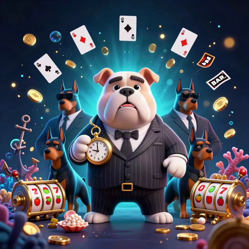 Bulldog boss and two Dobermans amid coins, coral, cards, and glowing underwater treasure