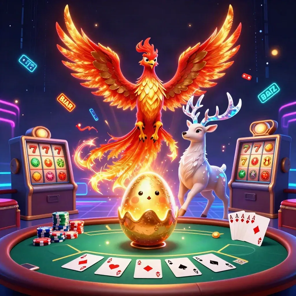 Phoenix, hatchling, and crystal stag amid casino chips and cards on a neon dark backdrop