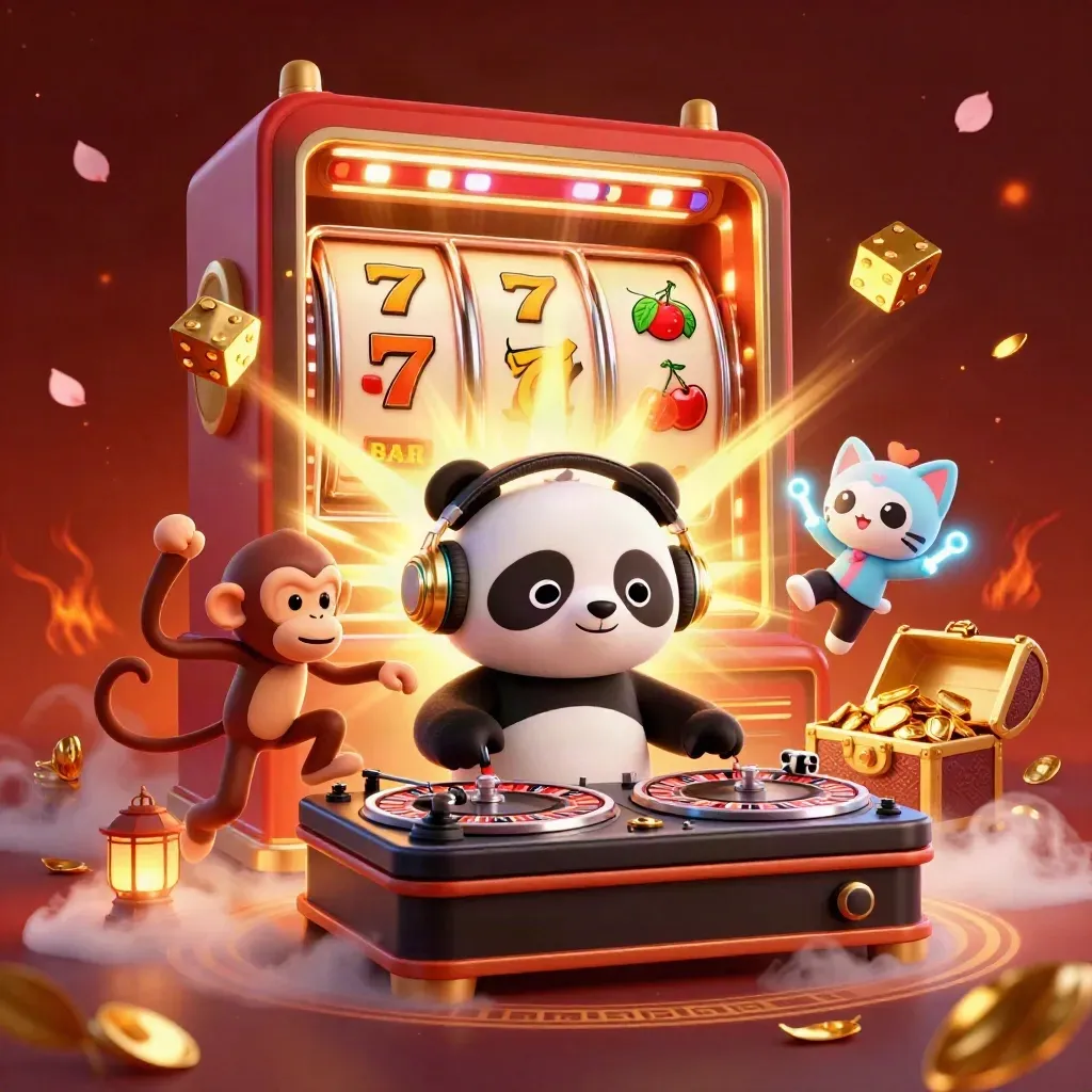 DJ panda, monkey, and kitten burst around a glowing slot machine in a fiery casino scene.