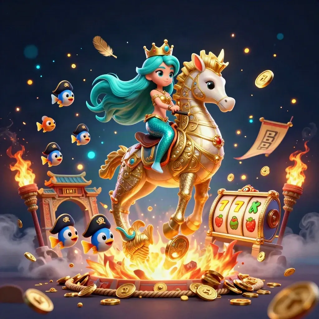 Mermaid princess on armored seahorse amid pirate fish, casino reels, coins, and glowing temple lights.