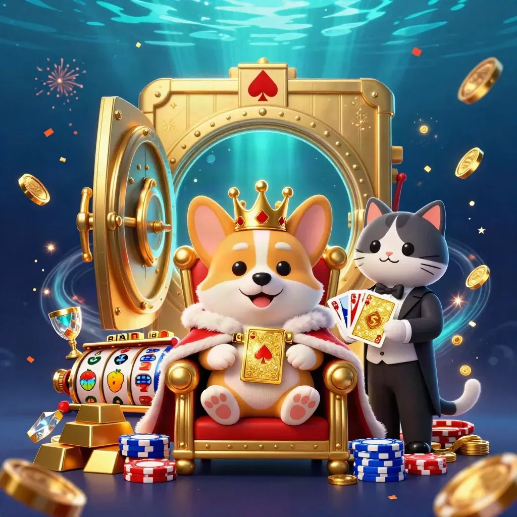 Royal corgi king and cat butler amid vault gold, chips, gems, and casino reels