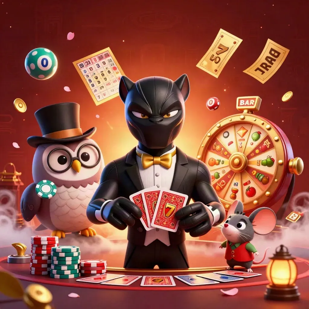 Panther, owl, and mouse amid casino icons in a fiery premium mobile-game splash.