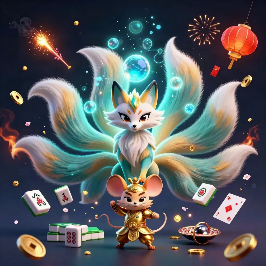 Neon fox spirit and golden samurai mouse amid casino relics on a dark navy glow.