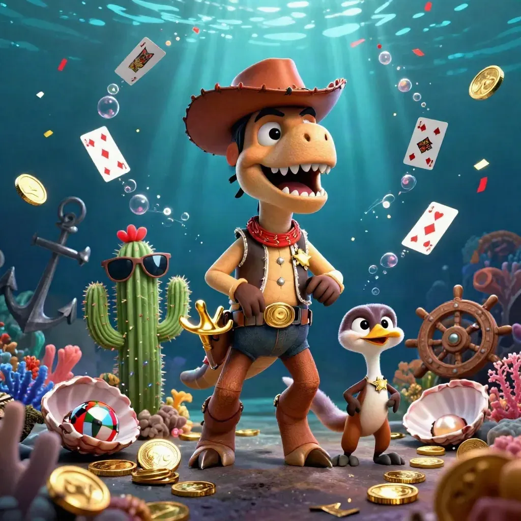 Cartoon cowboy T-Rex, cactus sidekick and roadrunner amid underwater casino treasure and sparks.