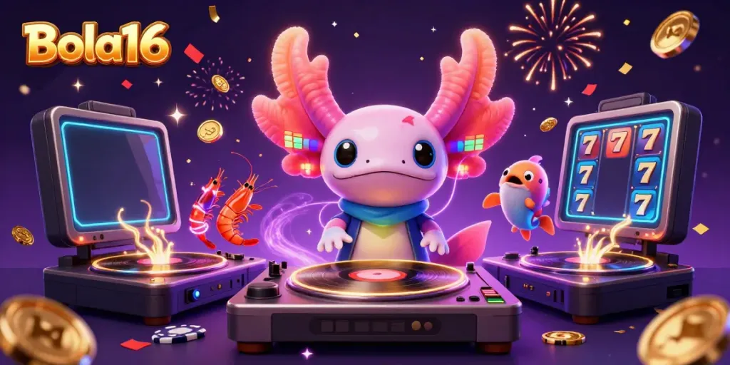 Bola16 casino scene with axolotl DJ, shrimp dancers, and vibrant slot game action.
