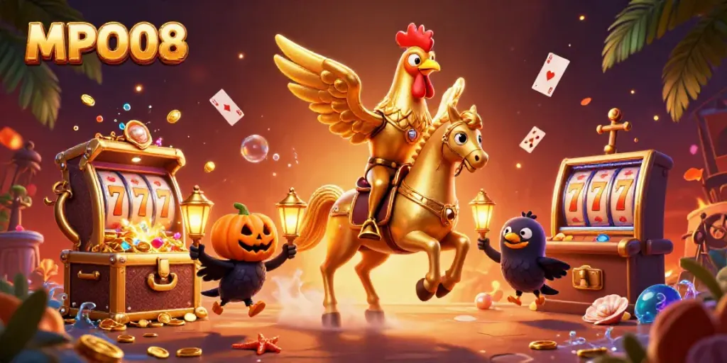 MPO08 showcases a golden rooster riding through a vibrant casino scene filled with gold coins and animated playing cards.