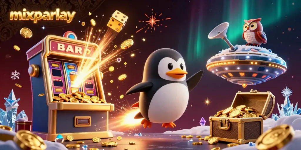 Experience thrilling mixparlay action with a golden penguin and casino scenes bursting with excitement.