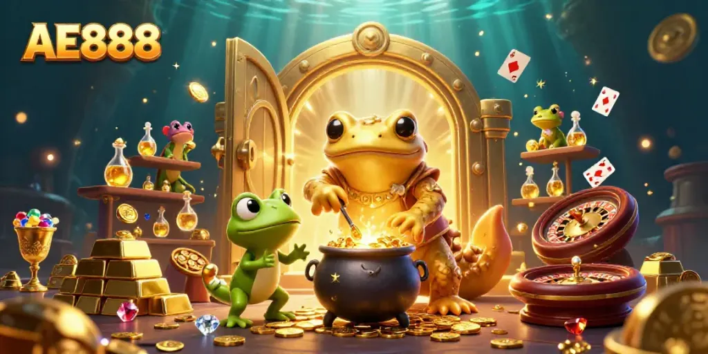 Experience the magic of AE888 with a golden alchemist and exciting casino elements.