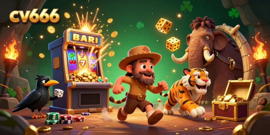 Experience thrilling wins at cv666 with this vibrant 3D casino scene featuring prehistoric characters and dynamic game elements.