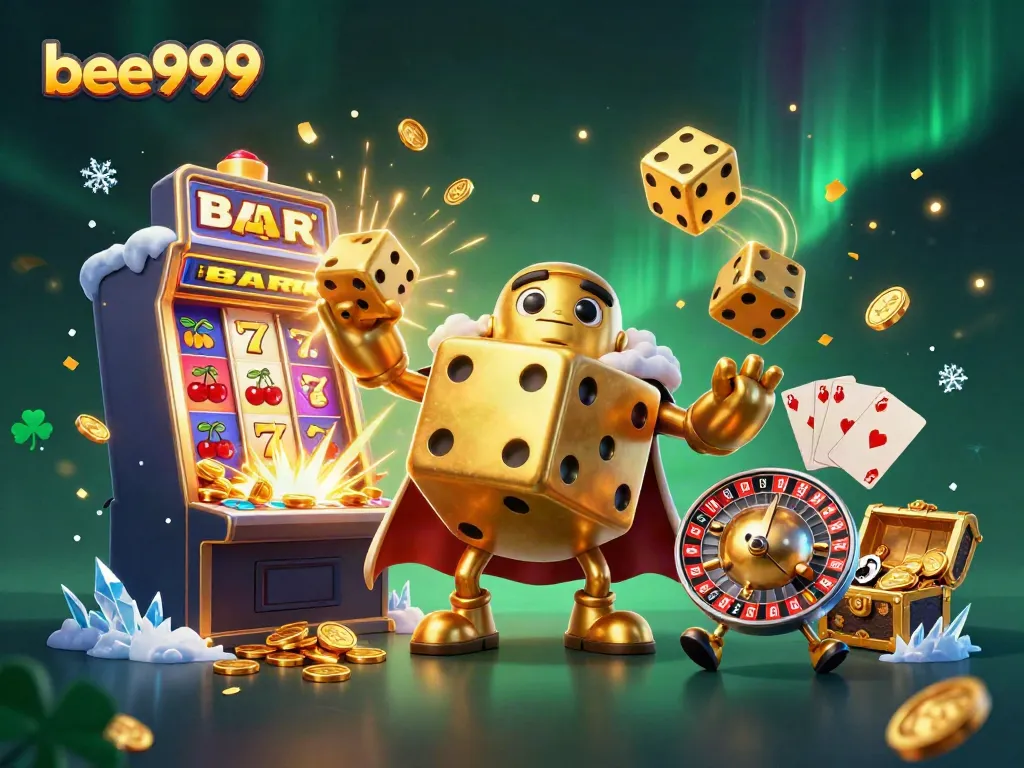 Experience thrilling gameplay at bee999 with an exciting casino illustration featuring golden dice and a colorful slot machine.