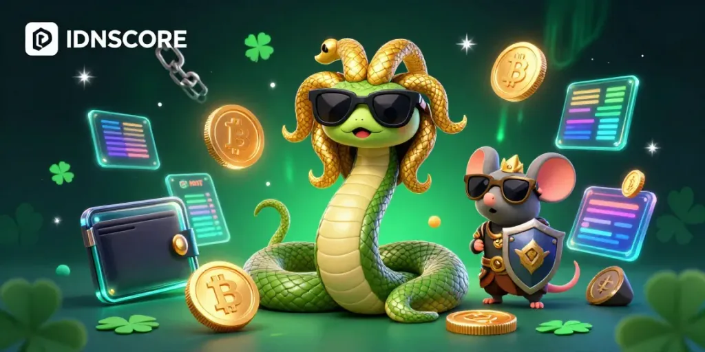 Engage with IDNSCORE in a vibrant, animated 3D casino scene depicting crypto elements and unique characters.