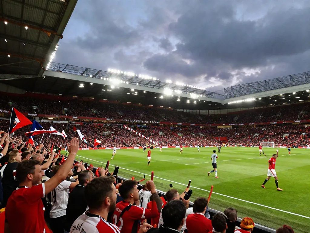 Intense Manchester United vs Liverpool football match at Old Trafford, lively fans and players in action.