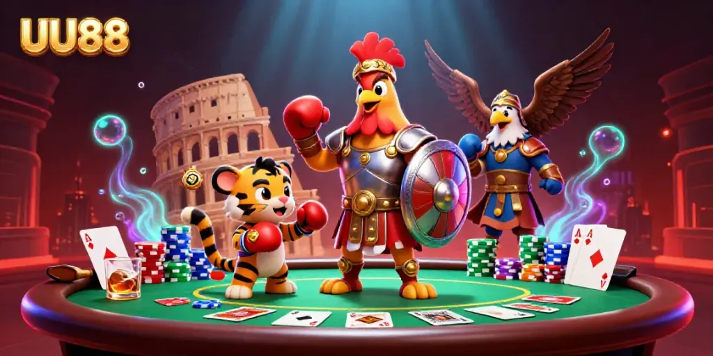 Engage in thrilling battles and poker excitement with UU88's playful gladiator rooster and tiger cub