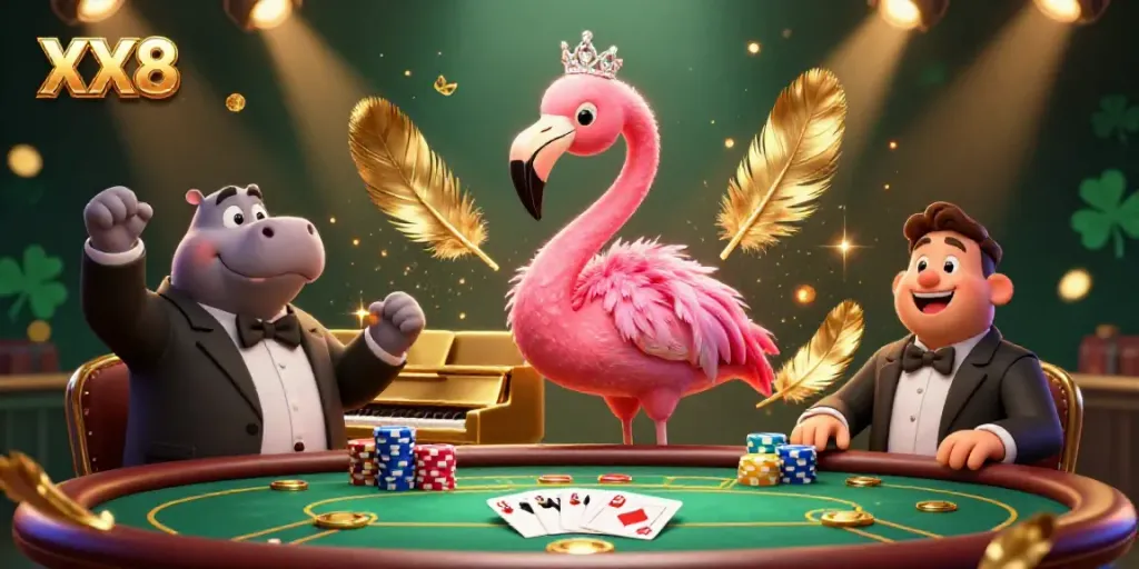 Catch the excitement at XX8 Casino filled with vibrant colorful characters and dynamic poker elements.