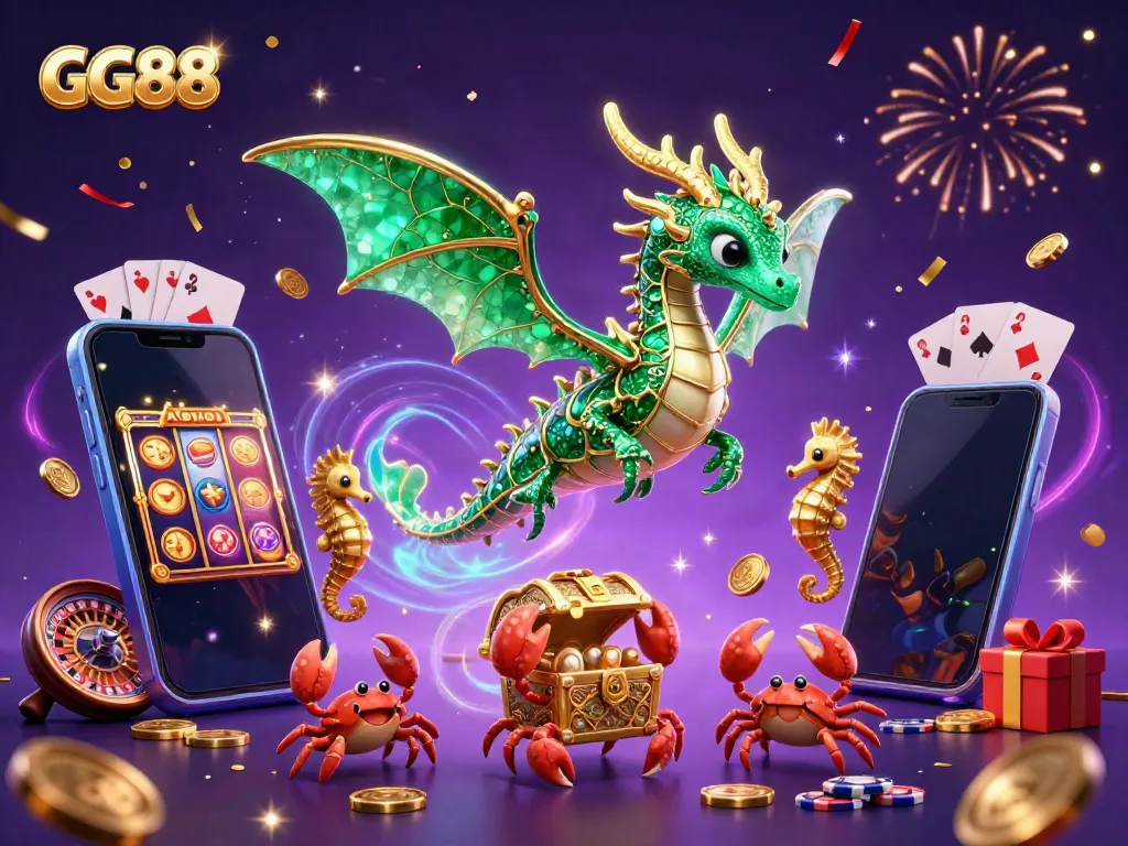 Experience the magical world of GG88 with a vibrant sea dragon, treasures, and gaming elements.