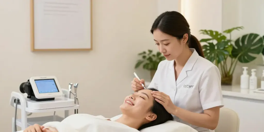 CCeye® treatment to effectively Augenringe entfernen in a modern beauty salon.