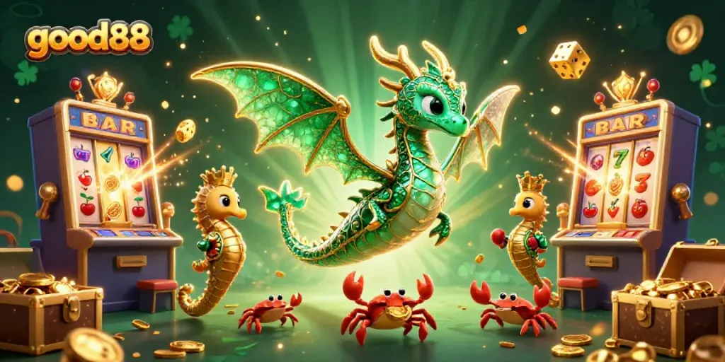 Spin to win with good88 as a majestic sea dragon guides you through a vibrant casino world.