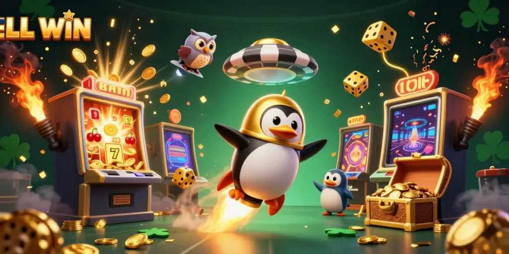 Experience the thrill of LL WIN as the golden penguin blasts towards a jackpot explosion in a vibrant casino universe.
