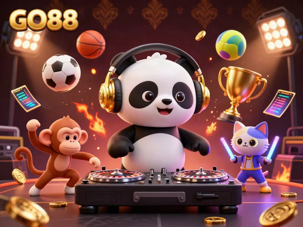 Join the fun at GO88 as the DJ panda spins while a breakdancing monkey and glowing kitten celebrate the excitement of online gaming.