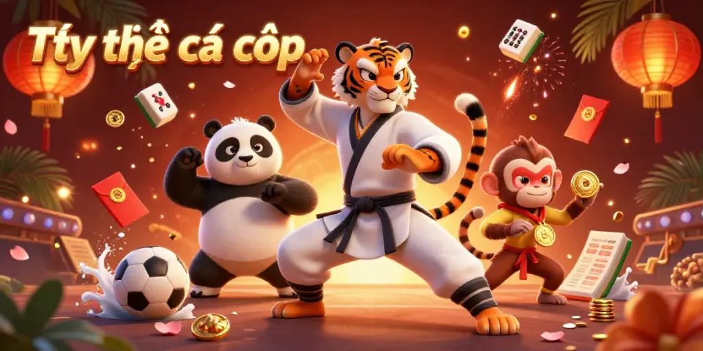 Engage in Tỷ lệ cá cược with kung fu themed characters amidst dynamic sports betting elements.