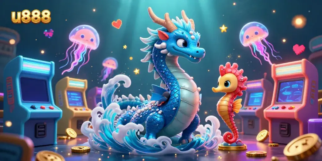 Engage with u888's vibrant casino world featuring a mystical water dragon and seahorse knight.