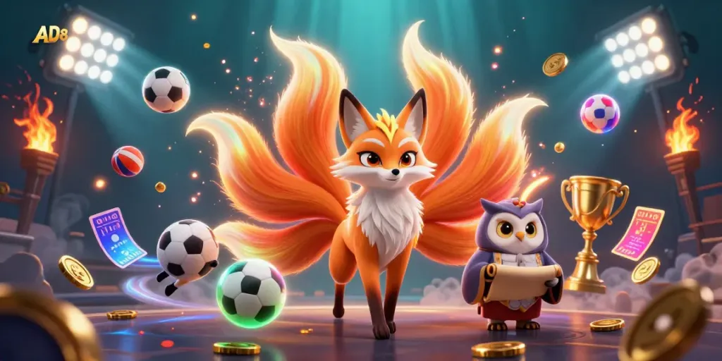 Engage with AD88's exciting gaming universe featuring a vibrant nine-tailed fox and owl.
