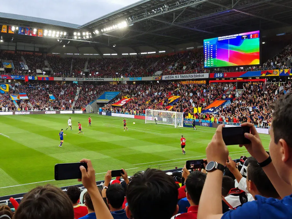 Football match in action with fans cheering, highlighting ผลบอลสด updates.