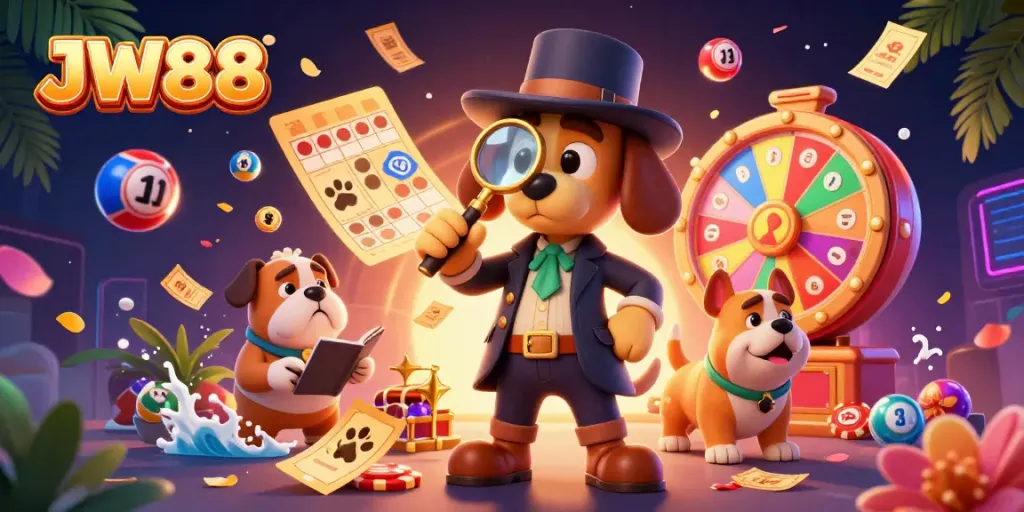 JW88 detective unleashing hidden treasures with dynamic lottery elements in vibrant casino scene.