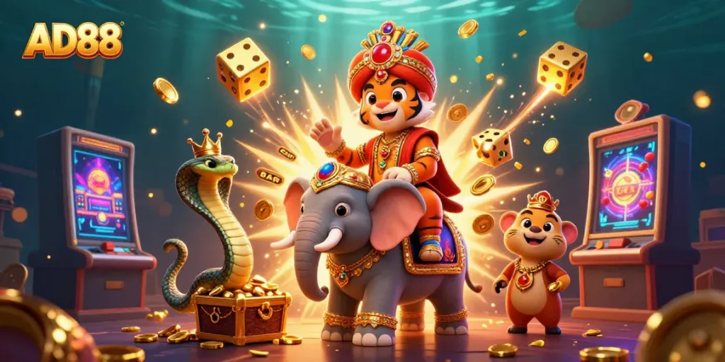 Experience excitement at AD88 with a majestic scene featuring a tiger maharaja and a jackpot explosion!