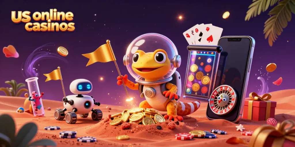 Engage with thrilling us online casinos featuring energetic Martian gecko exploring a golden casino on Mars.