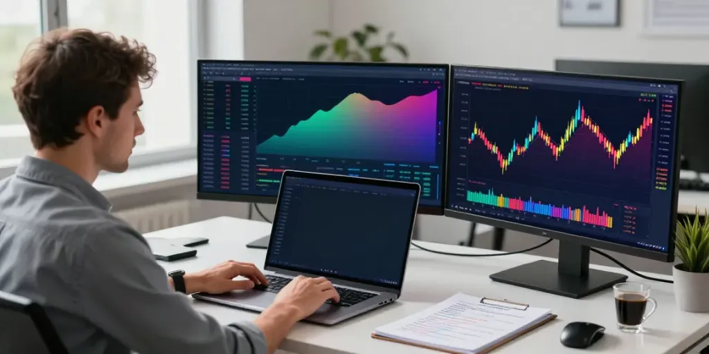 Trader engaged in financial analysis using MetaTrader 5 with multiple screens and charts in a modern office.