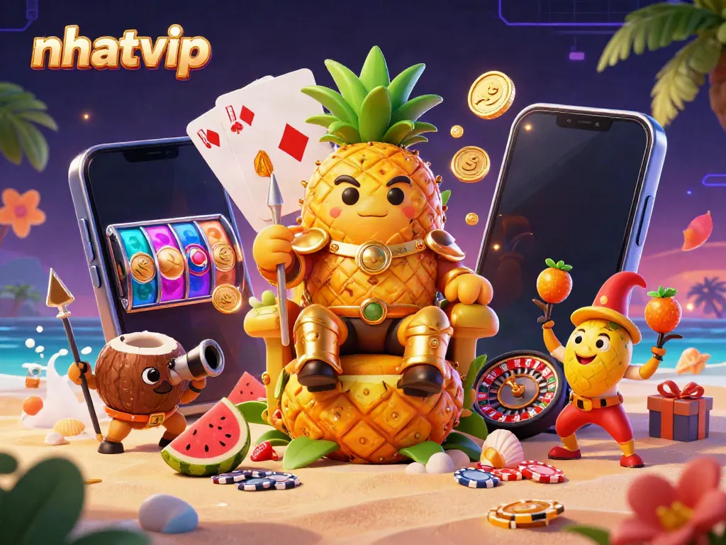 Nhatvip golden pineapple king reigns over a lively beach casino with vibrant slot games, coins, and festive decor.