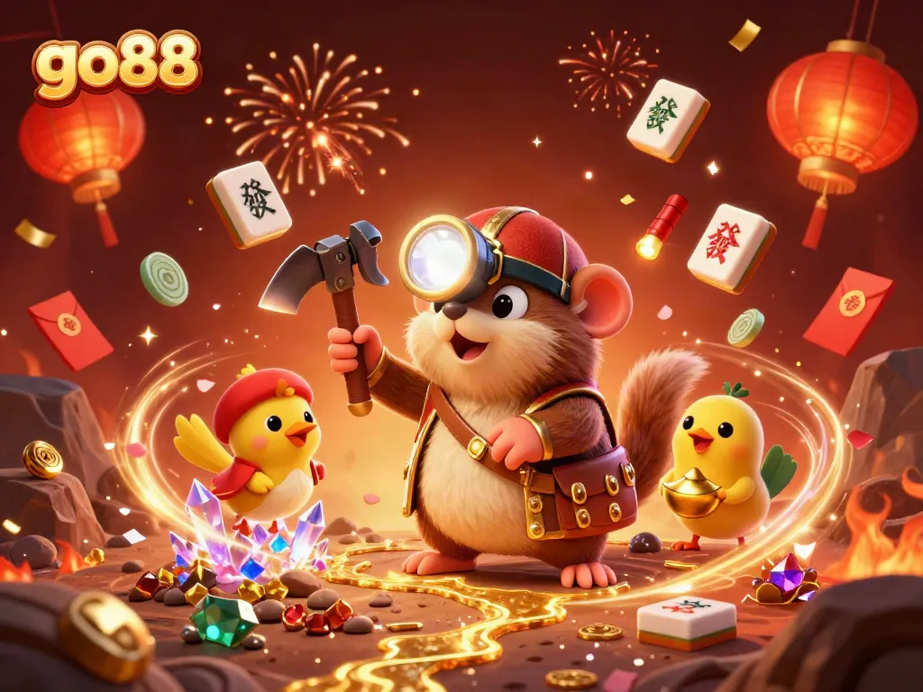 Experience the excitement of go88 with a vibrant scene featuring a treasure hunter mole mining for gems amidst casino elements like mahjong tiles and fireworks.