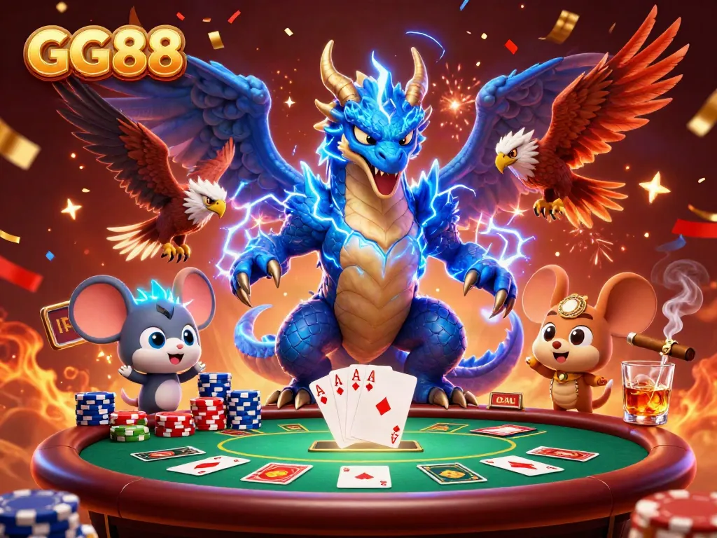 Engage with GG88's epic casino scene featuring a thunder dragon, wind hawk, and poker elements.