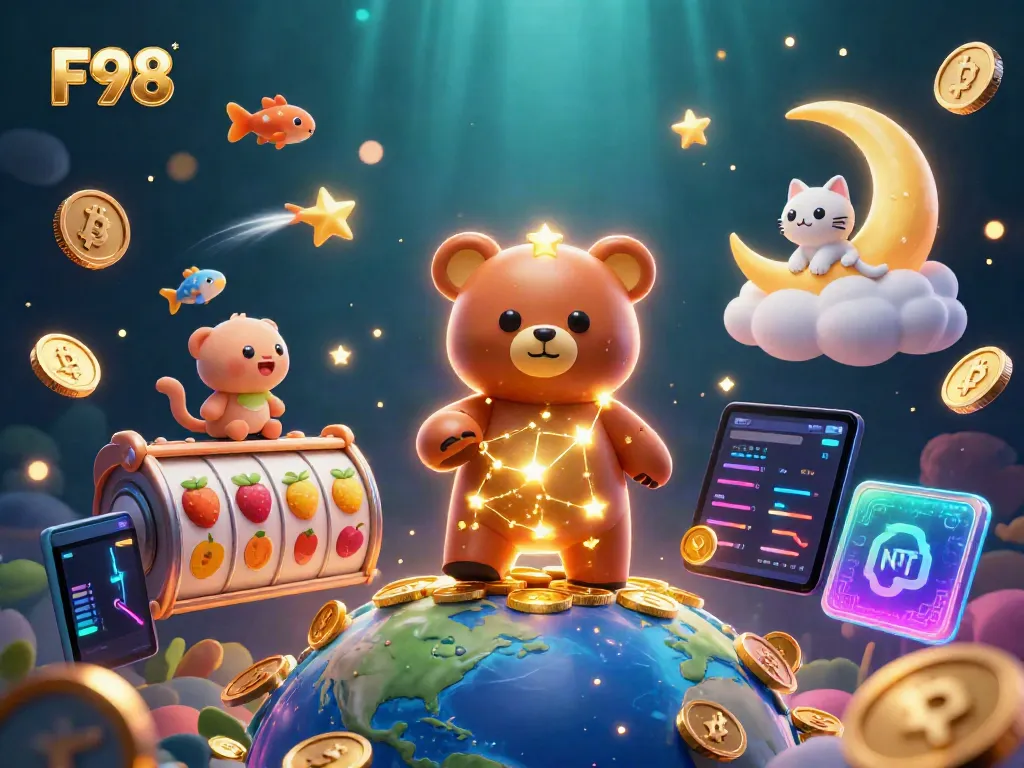Experience F98 slots with a magical 3D constellation scene filled with gold coins and vibrant symbols