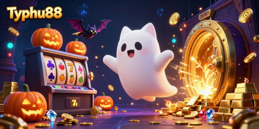 Engage with thrilling Typhu88 gameplay featuring an enchanting ghost cat in a lively casino scene.