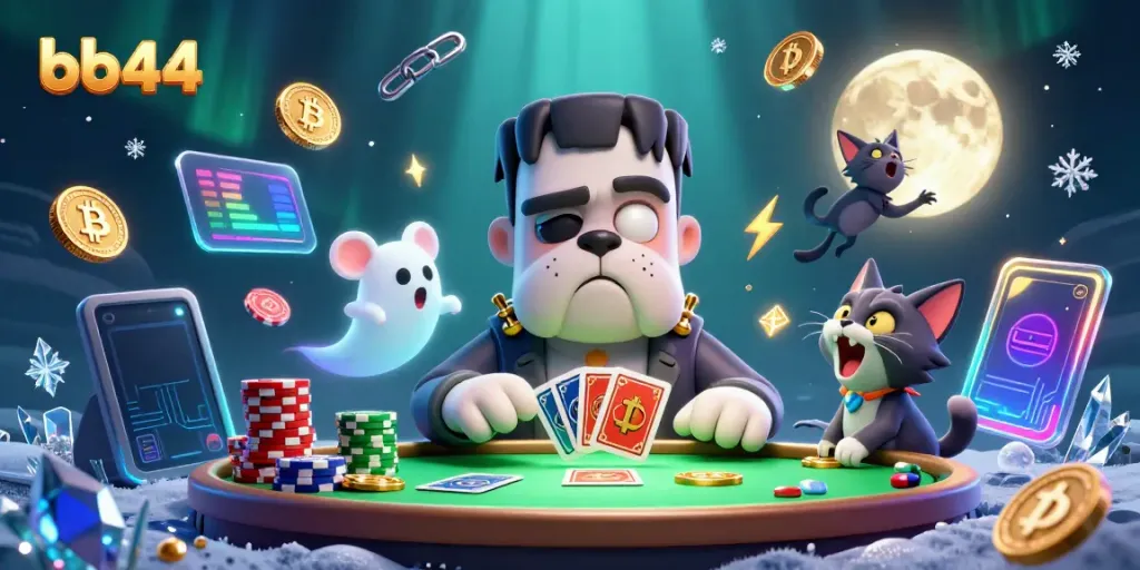 Engaging bb44 scene with a Frankenstein bulldog dealing cards and crypto coins in a casino setting.